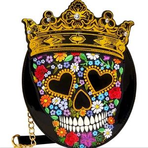 Betsey Johnson Black Floral Sugar Skull Crossbody with Gold Crown